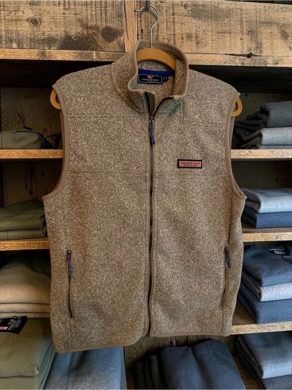 Vineyard Vines Men's Taupe Brown Fleece Zip Vest